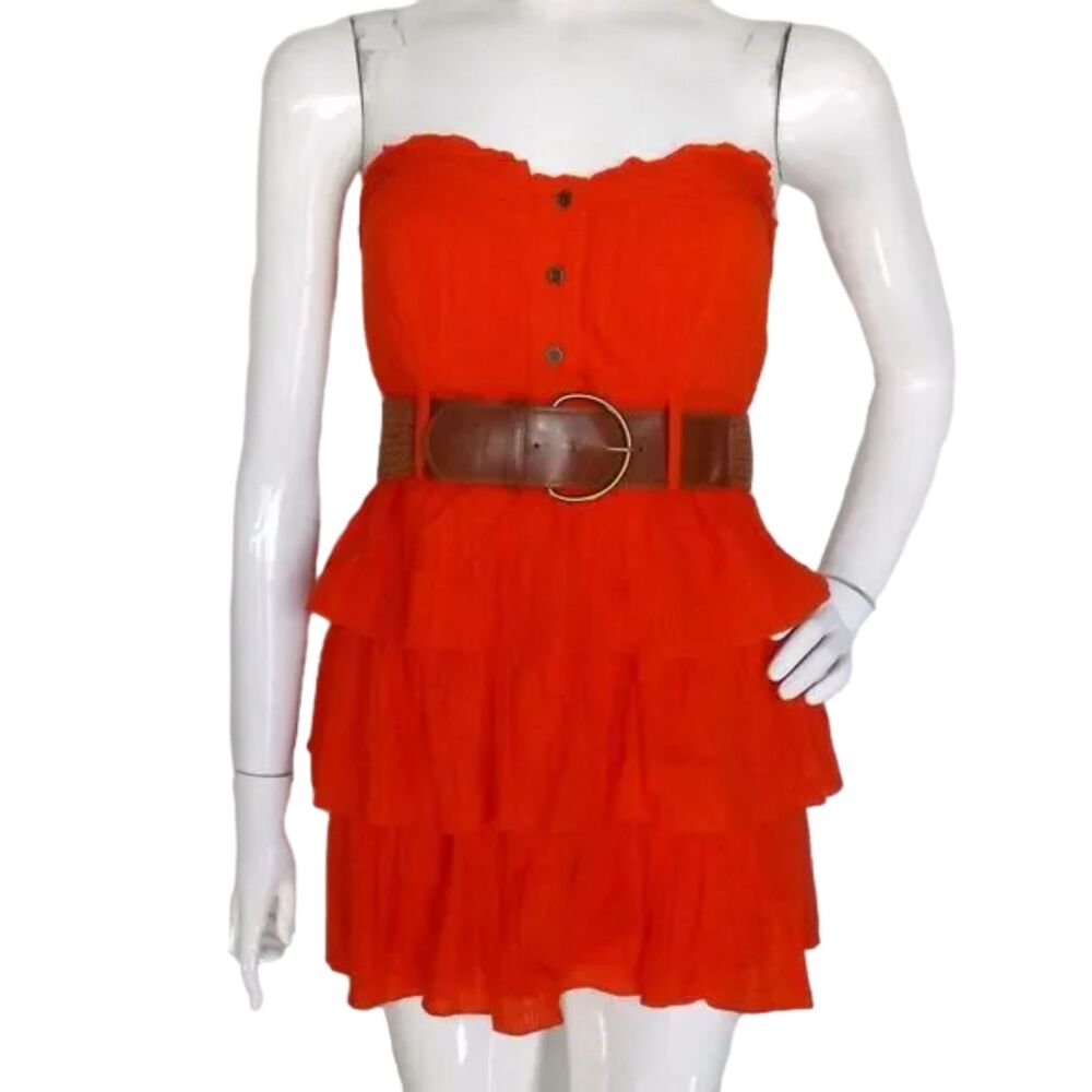new 2B BEBE Mini Dress, S, Orange, Belt, Strapless, Ruffle/Tier Skirt, Side Zip